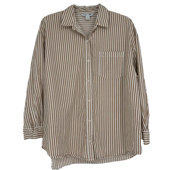 Old Navy The Boyfriend Shirt Button Up Brown White Stripe Neutral Oversized Sz M - Picture 1 of 10